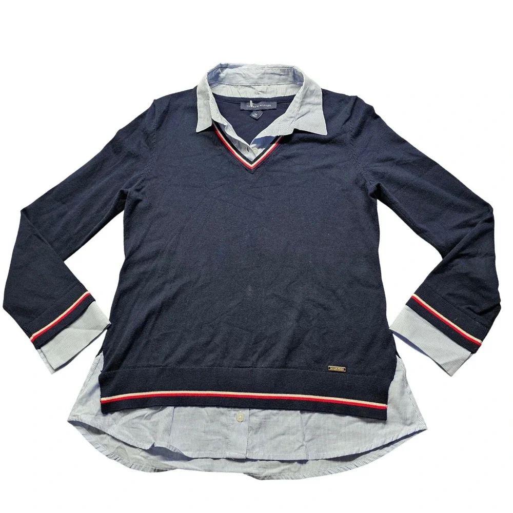 Tommy Hilfiger Womens Navy Blue Layered 2-in-1 V-Neck Sweater Striped Collar SP